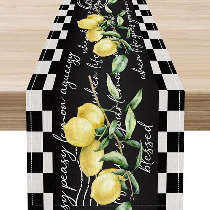 Lemon Table Runner, Farmhouse Black Buffalo Plaid Seasonal Summer Spring Fruits Rustic Coffee Table Center Decor for Home Kitchen Dining Party Patio Indoor Outdoor Table Decorations, 13"x72" Inch