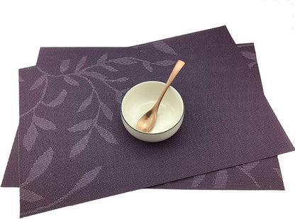 Gugrida Place Mats PVC Set of 6, Table Placemats Set of 6 PVC Woven Vinyl Place Mats Table Mats Natural Color (6 pcs, Purple Leaves)