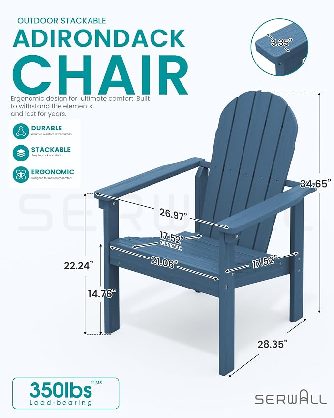 SERWALL HDPE Stackable Adirondack Chair, Space-Saving - Image 3