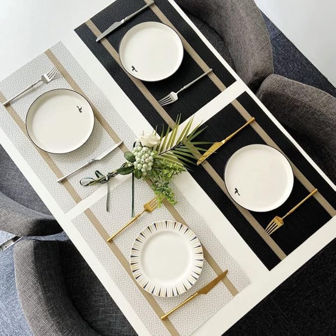 PIGCHCY Luxurious Placemats and Table Runner Set, Stylish Durable Placemats Set of 6 for Home Wedding Hotel Decoration (Beige White)