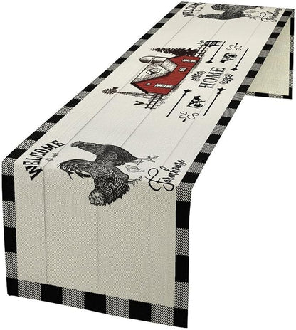 Rooster Table Runners, Black White Buffalo Plaid Rustic Cow Farm Animal Table Runner for Wedding Coffee Dining Table Party Home Farmhouse 13x90in