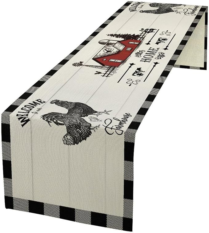 Rooster Table Runners, Black White Buffalo Plaid Rustic Cow Farm Animal Table Runner for Wedding Coffee Dining Table Party Home Farmhouse 13x120in