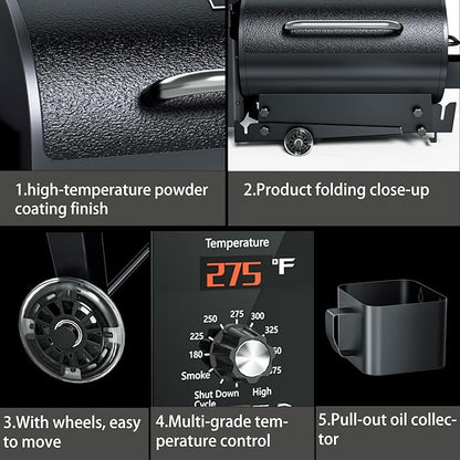 KingChii Portable Electric Wood Pellet Grill & Smoker with Foldable Legs, 456 SQ.IN Grill Capacity, 18LB Hopper, with PID Temperature Control (180-425°F) for Backyard Camping Bake and Roast
