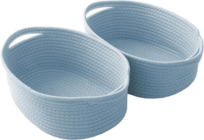 Woven Basket,Small Rope Storage Bin with Handles & Ribbon Bag, Organizer for Shelves Closets,Gift Basket Empty for Birthday,Books,Dog Toys, Blue/2 Pack