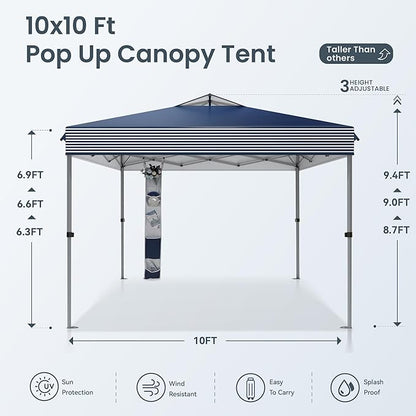 PHI VILLA 10x10 Pop Up Canopy Tent - One Push Setup, Instant Shade Tent with Vented Roof for Beach & Events - Includes Storage Bag, Sandbags, Stakes & Ropes (Navy Stripe)
