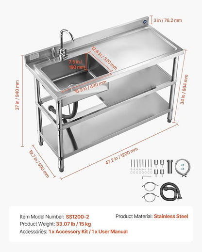 VEVOR Stainless Steel Utility Sink, Free Standing Single Bowl Commercial Kitchen Sink with Faucet and Hot & Cold Water Pipe, Dual Storage Shelves for Garage, Restaurant, Laundry, 47.2 x 19.7 x 37 in