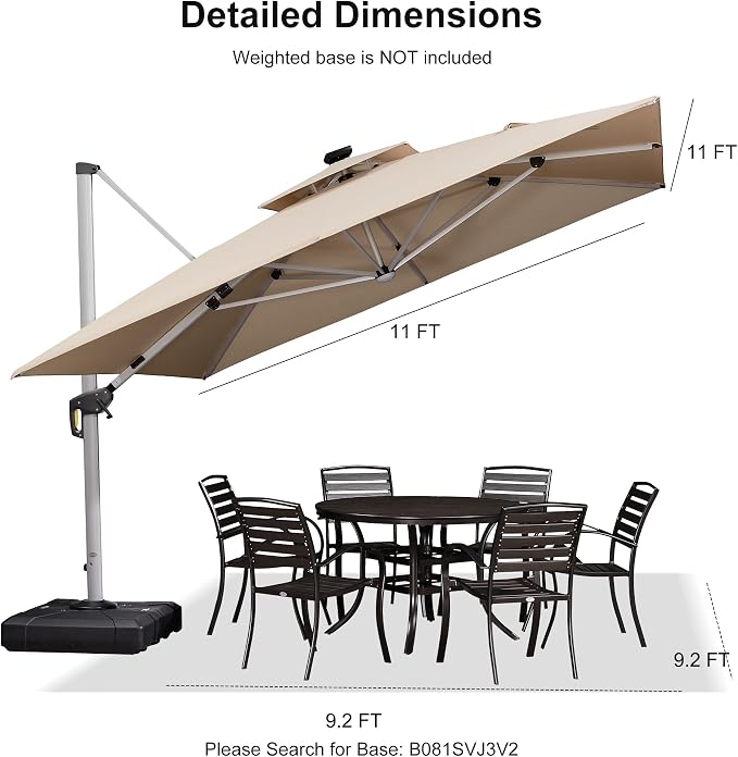 PURPLE LEAF Cantilever Umbrella 11'X11' Double Top Solar LED Light, Support to - Image 9