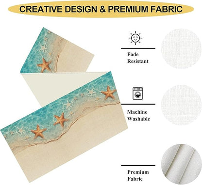 Summer Ocean Starfish Table Runner, Tropical Coastal Blue Sandy Clear Sea Water Waves Coffee Table Center Deco, for Family Kitchen and Living Room Farmhouse Party Table Decorations, 13" X 90"