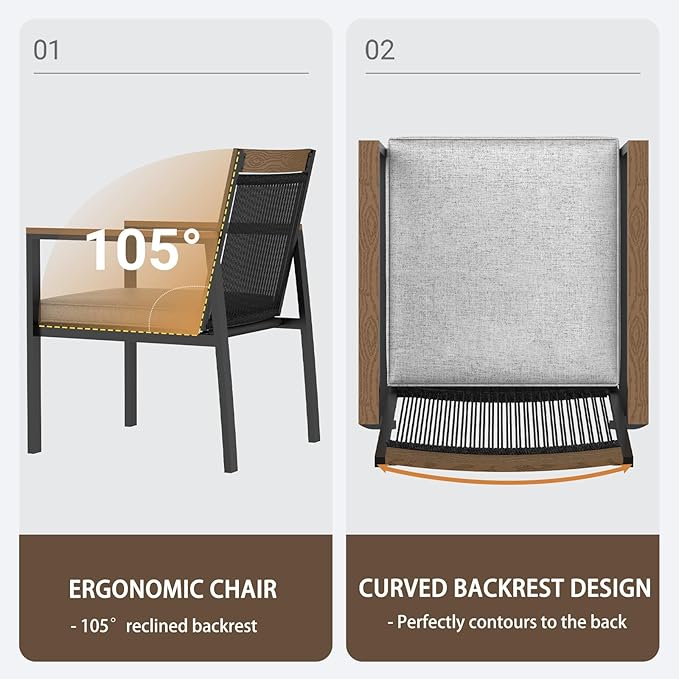5-Piece Patio Dining Table and Chair Sets, Outdoor Metal Dining Furniture Set with Umbrella Hole, Wood Grain Tabletop, 4 Rope Patio Chairs with Faux Wood Armrest & Cushions for Backyard, Deck