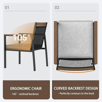 5-Piece Patio Dining Table and Chair Sets, Outdoor Metal Dining Furniture Set with Umbrella Hole, Wood Grain Tabletop, 4 Rope Patio Chairs with Faux Wood Armrest & Cushions for Backyard, Deck