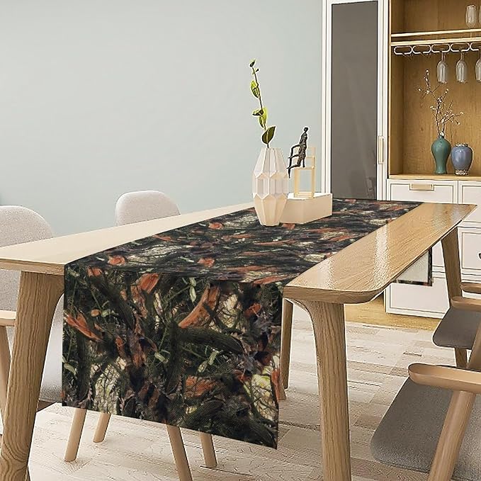 Camouflage Forest Trees Table Runner, Rustic Camouflage Hunting Camp Mossy and Oak Table Runner for Kitchen Dining Banquet Party 13x70in