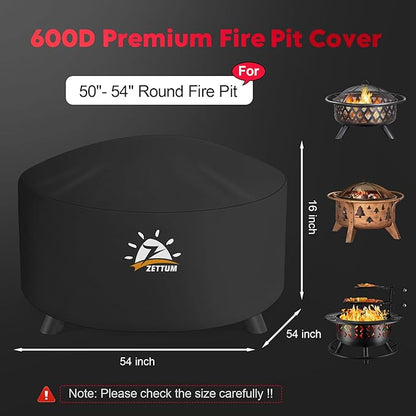 Zettum Fire Pit Cover Round 54 Inch - Outdoor Firepit Cover Heavy Duty & Waterproof, 600D Patio Fire Table Cover Large Gas Fire Pit Accessories Fade & Weather Resistant - 54 x 54 x 24 Inch