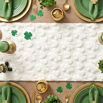 Artoid Mode White Soft Plush Faux Fur Jacquard Heart Clover St. Patrick's Day Table Runner, Seasonal Kitchen Dining Table Decoration for Home Party Decor 13x48 Inch