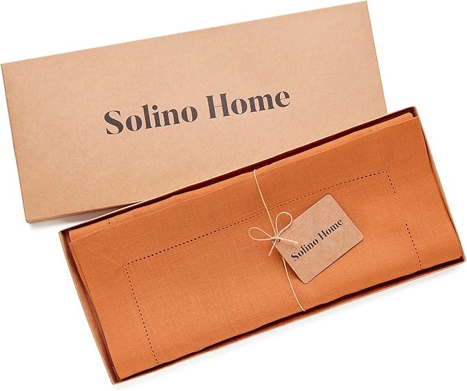 Solino Home Linen Pumpkin Table Runner 120 Inches Long - 100% Pure Linen Hemstitch 14 x 120 Inch Table Runner for Dining - Classic Hemstitch