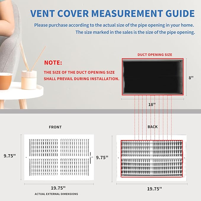 18x8 Vent Register [Duct Opening], Vent Covers for Home Ceiling, Two-Way Ventilation Register, Adjustable Solid Steel Wall Register Vent Cover (18"W x 8"H [Duct Opening])