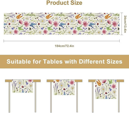 Flower Floral Table Runner, Butterfly Wildflowers Daisy Spring Summer Rustic Table Runner for Farmhouse Holiday Kitchen Dining Outdoor Home Party 13x108in