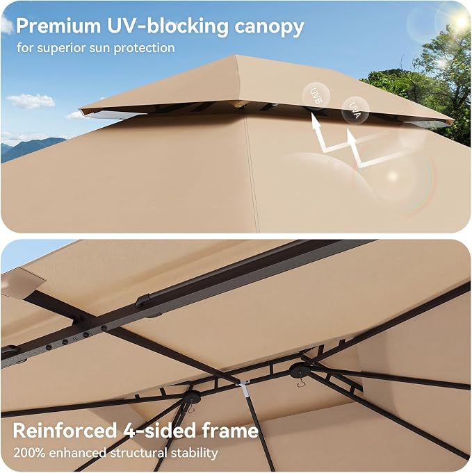12'x10' Gazebo with Light, Outdoor Gazebo with Double Roofs | Metal Frame Canopy - Image 8