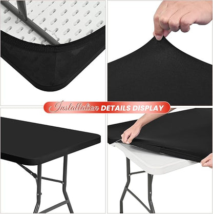 10 Pack Stretch Fabric Table Top Cap Cover, fits 8Ft Tables, Spandex Table Covers Washable Elastic Universal Rectangle Tablecloth Protector for Indoor Outdoor Party Picnic Wedding, Black,30" W x 96" L