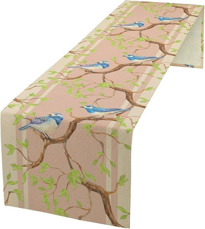 Watercolor Birds Table Runner,Spring Blue Bird Green Tree Table Runner for Kitchen Dining Table Holiday Farmhouse Home Party Decor 13x108in
