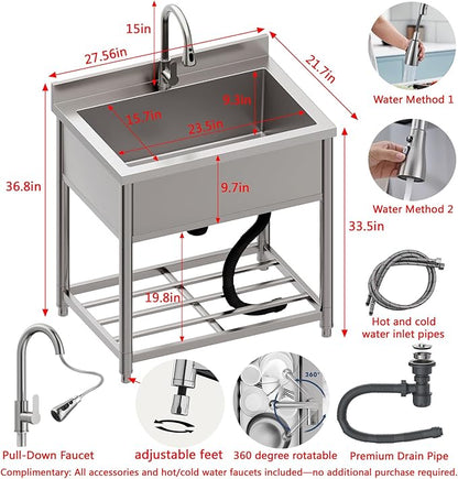 Stainless Steel Utility Sink, Large Freestanding Kitchen Sink with Pull-out Faucet for Commercial Restaurant, Bathroom, Laundry Room, Garage, Outdoor/Indoor, Pet Cleaning, D21.65 x W27.55 x H36.61 in