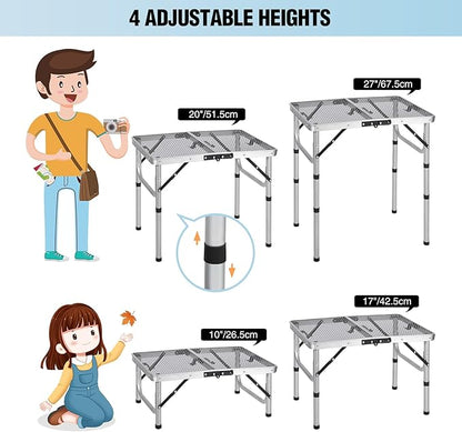 RedSwing Folding Grill Table, Lightweight Height Adjustable Aluminum Table with Mesh Desktop and Mesh Bag for Outdoor Camping Picnic BBQ, 2 Feet, Sliver