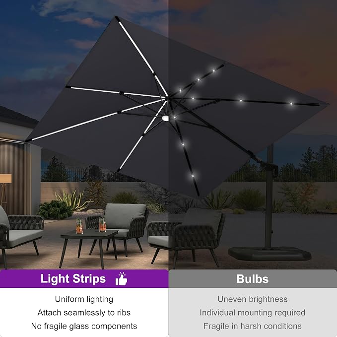 PURPLE LEAF Patio Umbrella W/Base Left-right Tilt 10FT LED, Light Grey | Create - Image 2