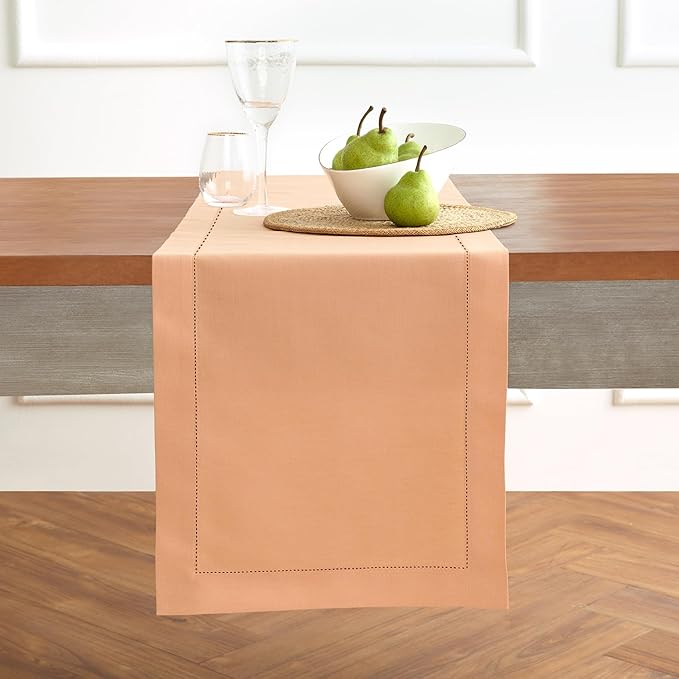 Solino Home Table Runner 120 Inches Long - Cotton Linen Hemstitch Peach Bloom Table Runner 14 x 120 Inch for Valentines, Spring, Easter