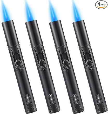 4 Pack Butane Torch Lighter, Urgrette 6-inch Refillable Pen Lighter Pencil Torch Lighter Long Torch Adjustable Jet Flame Butane Lighter for Grill BBQ Candle Camping Fireplace (Gas Not Included) Black