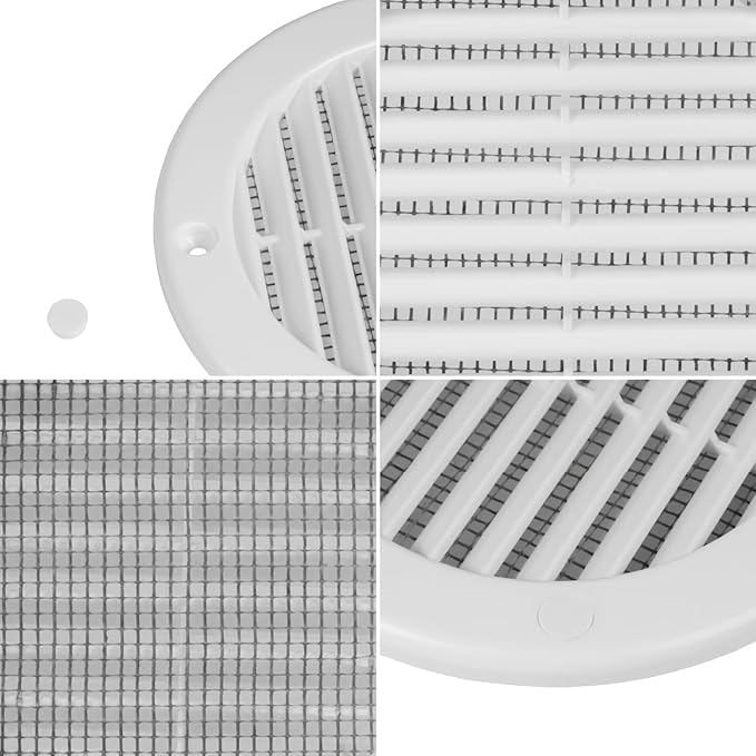 4 Inch [Opening] White Air Vent Cover – Pack of 5 – Plastic Round Air Vent Grill Cover for Wall or Ceiling, Built-in Mesh Screen/HVAC Return Air Register – Modern Louvered Design