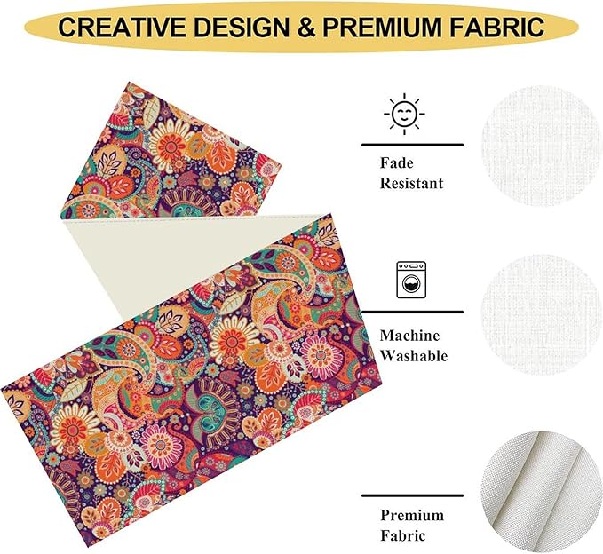 Purple Paisley Table Runner, Rustic Damask Antique Floral Flower Retro Boho Mandala Indian Bohemian Vintage Table Center Decor for Family Kitchen and Living Room Country Table Decorations, 13" X 36"