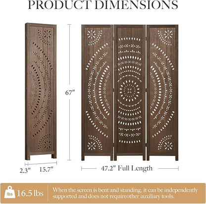 66.9Inch Folding Room Divider, 3 Panels Wood Carved Privacy Screens, Free Assembled Freestanding Partition for Home Office Restaurant Bedroom (Brown)