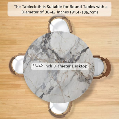 Natural Marble Texture Round Table Cloth Cover, Elastic Edge Waterproof Wipeable Tablecloths 36"-42" Polyester Tablecloth for Party Restaurant Banquet Holiday Camping Outdoor Picnic