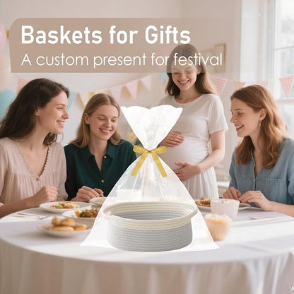 Woven Basket,Small Rope Storage Bin with Handles & Ribbon Bag, Organizer for Shelves Closets,Gift Basket Empty for Birthday,Books,Dog Toys, White&Grey/3 Pack