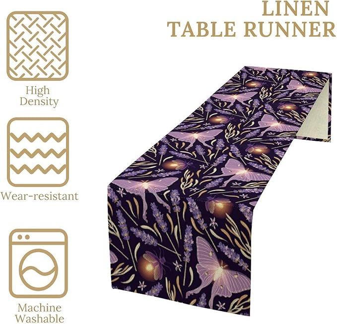 Purple Moth Table Runner,Retro Butterfly Flower Print Table Runner for Wedding Holiday Indoor Outdoor Party Home Decor 13x60in