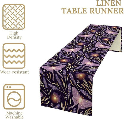 Purple Moth Table Runner,Retro Butterfly Flower Print Table Runner for Wedding Holiday Indoor Outdoor Party Home Decor 13x120in
