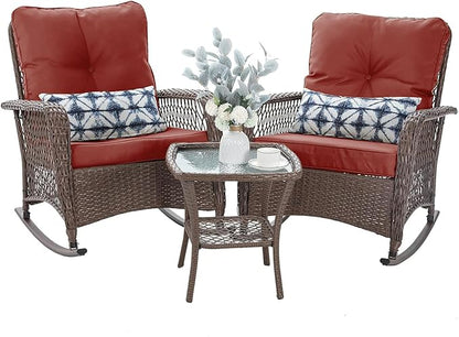 Patio Furniture Set 3 Pieces, Wicker Outdoor Rocking Bistro Set, Backyard or by VonzoyHome