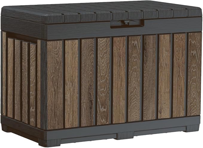 Keter Premium Everwood 50 Gal Outdoor Storage Box and Patio Side Table | Walnut by Unknown