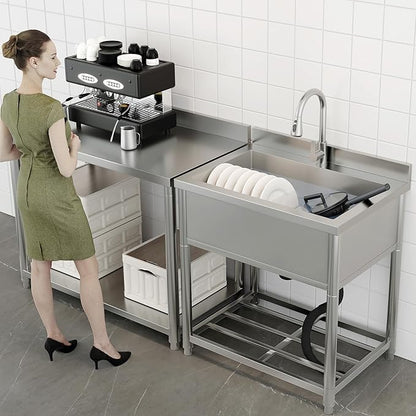 Stainless Steel Utility Sink, Large Freestanding Kitchen Sink with Pull-out Faucet for Commercial Restaurant, Bathroom, Laundry Room, Garage, Outdoor/Indoor, Pet Cleaning, D21.65 x W27.55 x H36.61 in