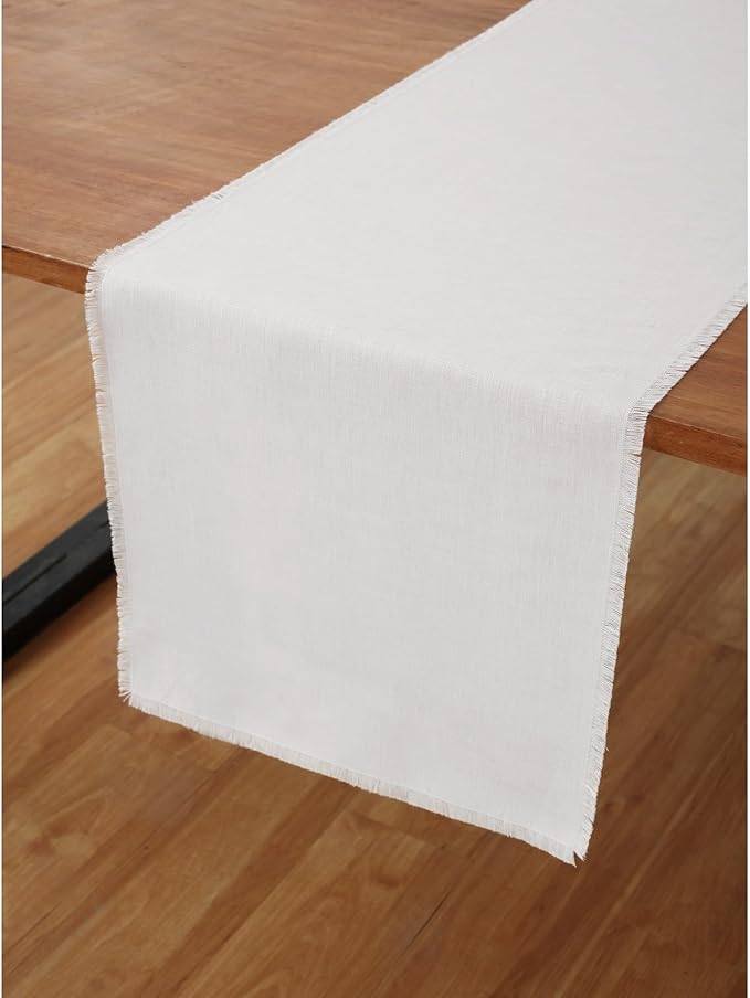 Solino Home Fringe Linen Table Runner 120 Inches Long - 100% Pure Linen White Dining Table Runner 14 x 120 Inch for Winter, Valentines, Spring, Easter