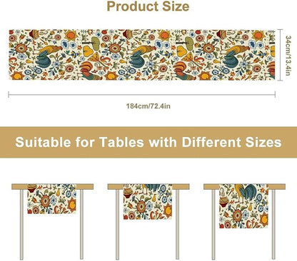 Farm Animal Table Runner, Boho Folk Style Country Rustic Farmhouse Rooster Flower Print Table Runner for Home Kitchen Dining Holiday Decor, 13x120inch