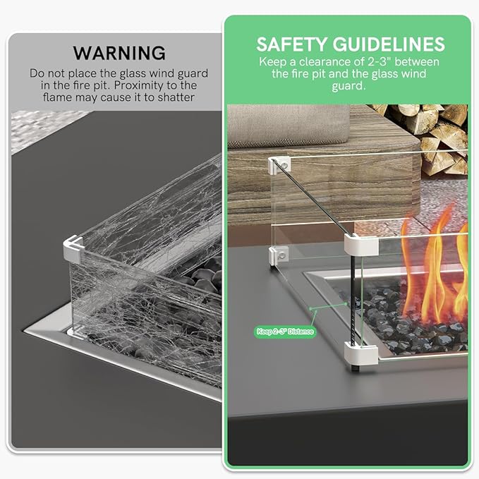 16" x 16" x 6" Glass Wind Guard for Propane Gas Fire Pit Table, Square Thick Tempered Glass Shield, Firepit Glass Barrier with Aluminum Corner Bracket & Rubber Feet