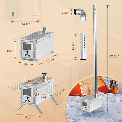 Hot Tent Stove, Camping Wood Burning Stove with 7 Stainless Chimney Pipes and Anti-Spark, Small Camping Wood Stove for Outdoor Heating, Cooking, Ice Fishing, Hunting