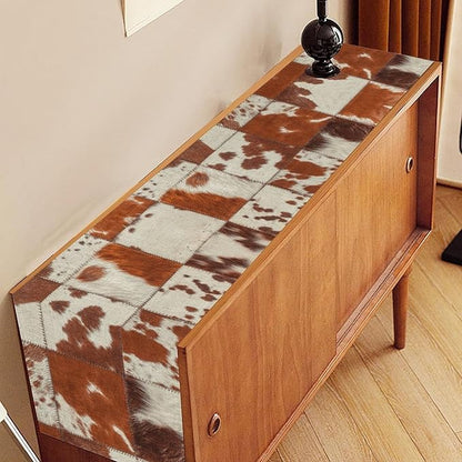 Cow Print Table Runner, Brown Cowhide Print Collage Fur Western Style Table Runner Country Farmhouse Cottage Cow Pattern Linen Table Decoration for Home Kitchen Dining 13x72