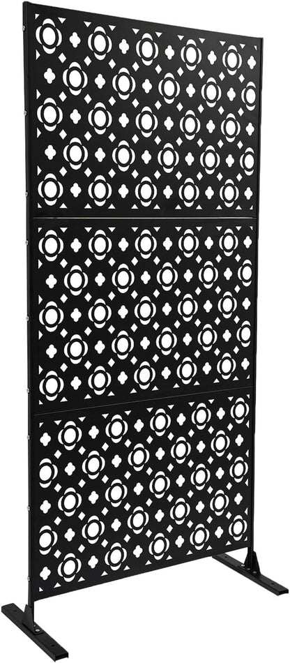 75" H×35" W Decorative Outdoor Privacy Screen with Stand, Outdoor Decor Privacy Fence Screen Metal Fence Panels, Free Standing Metal Divider for Patio Lawn Deck (Black-Small Plum Blossom)