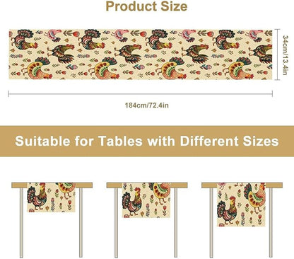 Rustic Farm Animal Table Runner, Vintage Rooster Boho Flowers Table Runner for Kitchen Dining Holiday Home Party 13x108in