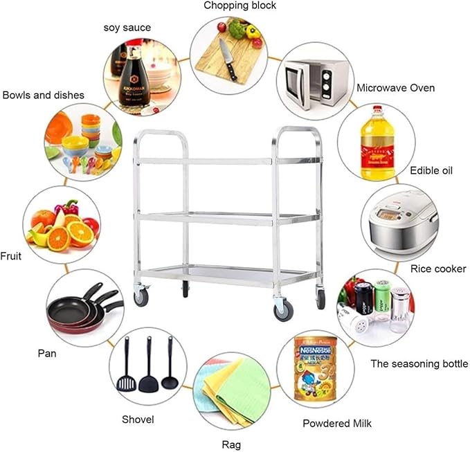 Nisorpa 3 Tier Stainless Steel Utility Cart L30 x W16 x H33 Inch Kitchen Rolling Carts with Wheels Serving Trolley Catering Storage Shelf with 2 Lockable Wheels for Hotel Restaurant Home Use