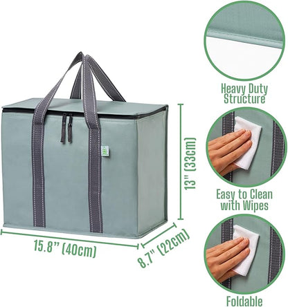 VENO 2 Pack Cooler Bag and Insulated Grocery Bags for Food Delivery, Collapsible Cooler. Reusable Shopping Bags for Groceries with Hard Bottom, Zippered, Foldable, Heavy-Duty (Light Green, 2 Pack)