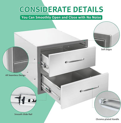 Outdoor Kitchen Drawers 18" W x 15" H x 23" D Stainless Steel Double Drawers with Ergonomic Handle for BBQ Island, Patio Grill Station & Outdoor Kitchen Cabinets