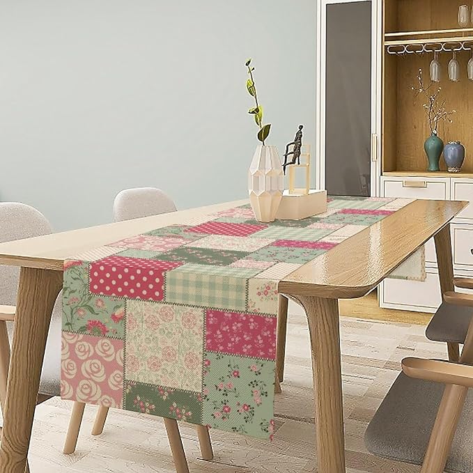 Patchwork Flowers Table Runner, Boho Plaid Floral Retro Romantic Rose Plants Table Runner for Dining Coffee Party Holiday Farmhouse 13x120in