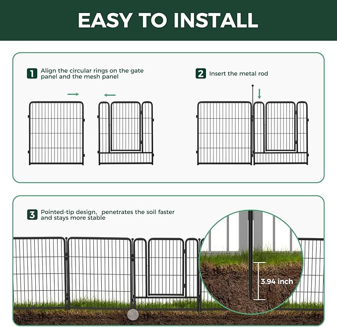 FXW Garden Fence Outdoor for The Yard – 24in(H) x 3.8ft(L) Heavy Duty Metal Animal Barrier for Dog and Rabbit, Decorative Dog Fence, 2 Panels, Black